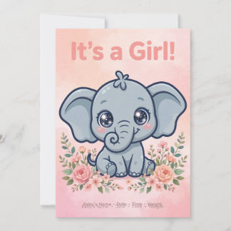 Sweet Baby Elephant Girl Birth Announcement