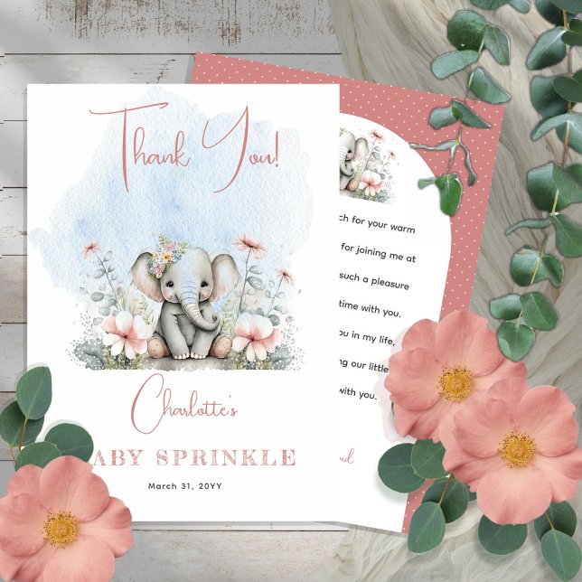 Sweet Baby Elephant Girl Floral Pink Baby Sprinkle Thank You Card (Creator Uploaded)