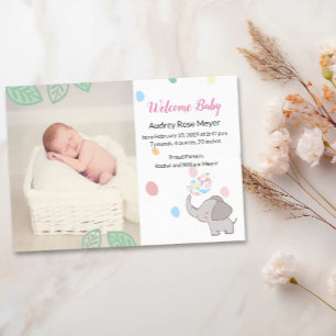 Sweet Baby Elephant & Leaves Photo Birth Invitation