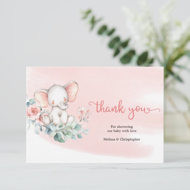 Sweet baby elephant on eucalyptus wreath thank you enclosure card (Standing Front)