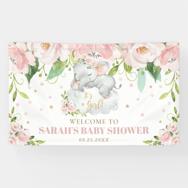 Sweet Baby Elephant Pink Floral Backdrop Welcome Banner (Horizontal)