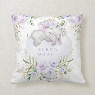 Sweet Baby Elephant Purple Floral Greenery Nursery Cushion