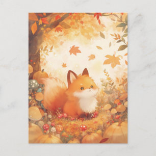 Sweet Baby Fox in Autumn Mushroom Forest Postcard