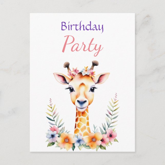 Sweet Baby Giraffe Floral Girl's Birthday Party Postcard (Front)