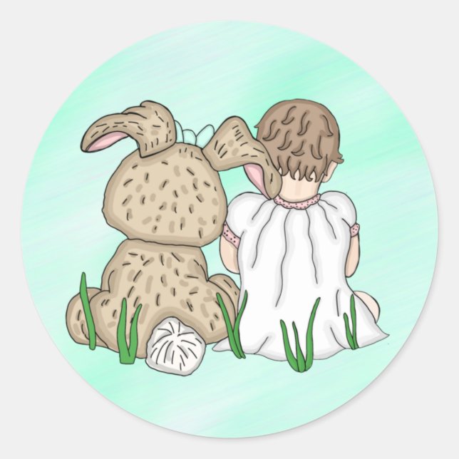 Sweet Baby Girl and Easter Bunny  Classic Round Sticker (Front)