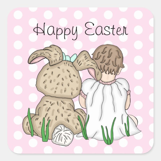 Sweet Baby Girl and Easter Bunny Happy Easter Square Sticker (Front)