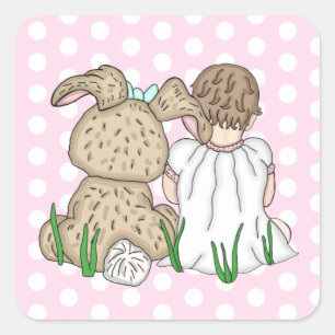 Sweet Baby Girl and Easter Bunny Polka Dot Square Sticker