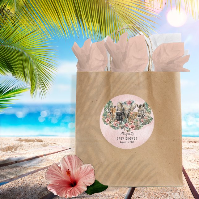 Sweet Baby Girl Animals Tropical Safari Shower Classic Round Sticker (Creator Uploaded)