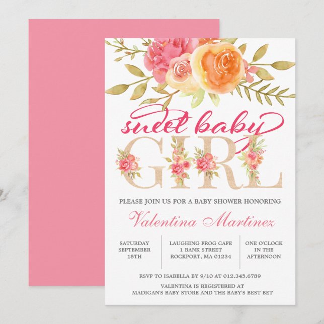 Sweet Baby Girl Autumn Pink Floral Baby Shower Invitation (Front/Back)