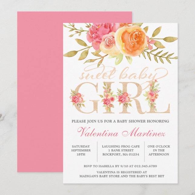 Sweet Baby Girl Autumn Pink Floral Baby Shower Invitation (Front/Back)