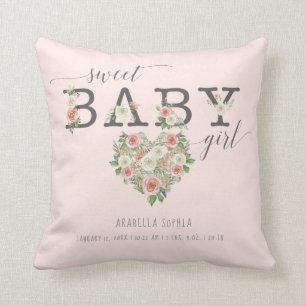 Sweet Baby Girl   Birth Stats Heart Blush Floral Cushion