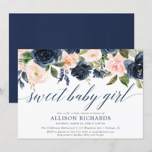 Sweet baby girl blush and navy girl baby shower invitation