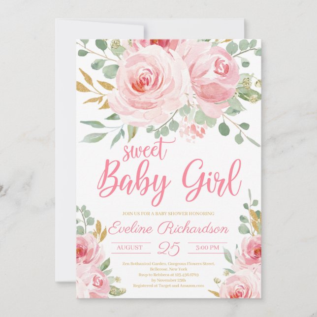 Sweet baby girl blush pink and gold baby shower invitation (Front)