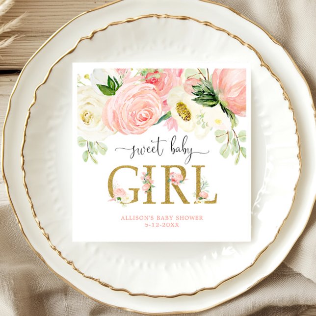 Sweet baby girl blush pink floral baby shower napkin (Creator Uploaded)