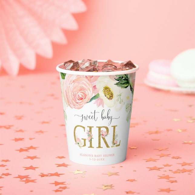 Sweet baby girl blush pink floral baby shower paper cups (Insitu)