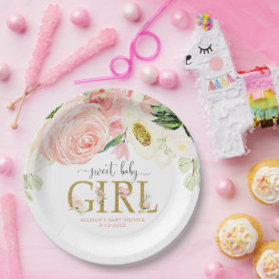 Sweet baby girl blush pink floral baby shower paper plate