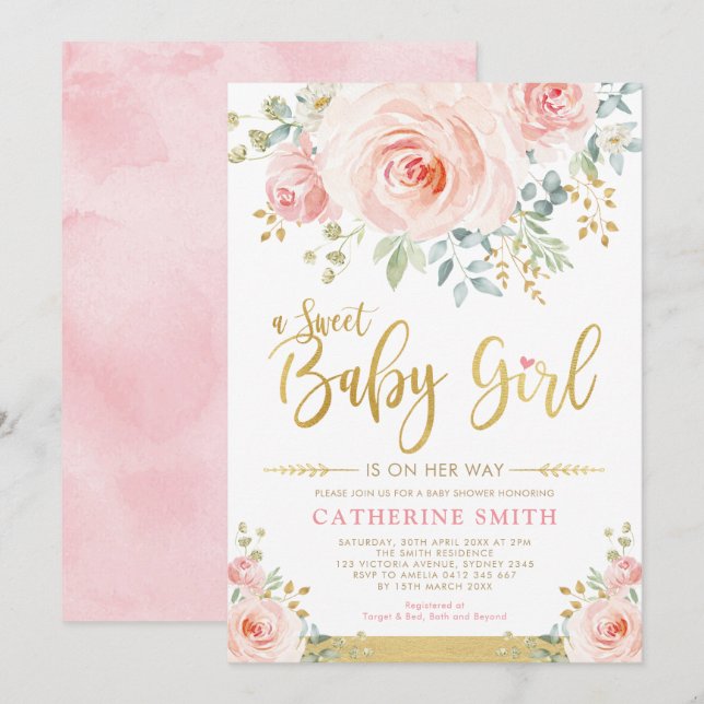Sweet Baby Girl Blush Pink Gold Floral Baby Shower Invitation (Front/Back)