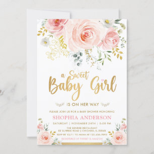 Sweet Baby Girl Blush Pink Gold Floral Baby Shower Invitation