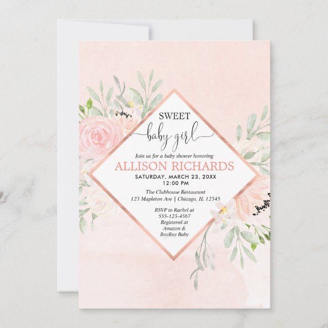 Sweet Baby Girl Blush pink rose gold floral Invitation (Front)