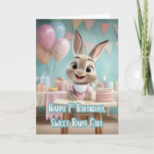 Sweet Baby Girl Bunny 1st Birthday Party Card