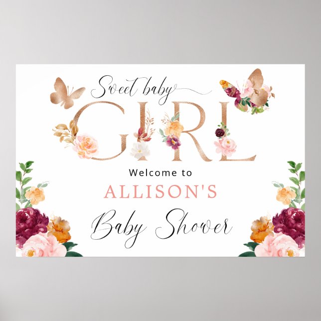 Sweet Baby Girl butterfly baby shower welcome sign (Front)