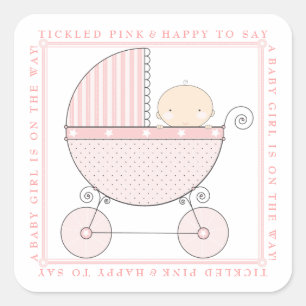 Sweet Baby Girl Carriage Baby Shower in Pink Square Sticker