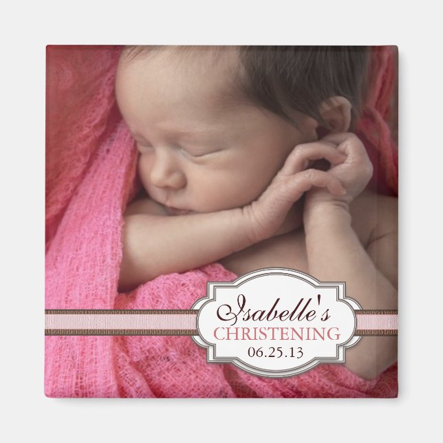 Sweet Baby Girl Christening Brown & Pink Photo Magnet (Front)