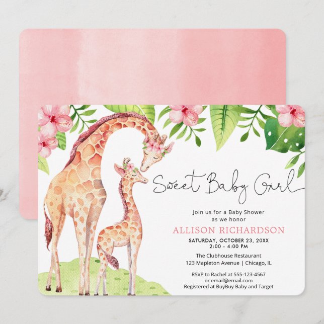 Sweet Baby Girl cute giraffe safari baby shower Invitation (Front/Back)