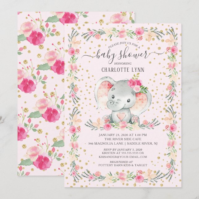 Sweet Baby Girl Elephant Baby Shower Invitation (Front/Back)