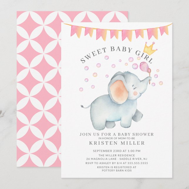 Sweet Baby Girl Elephant Baby Shower Invitation (Front/Back)
