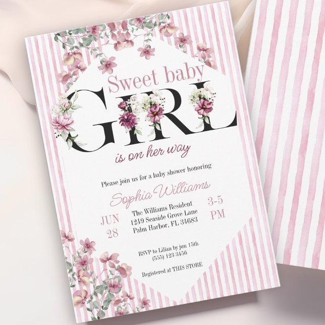 Sweet baby Girl floral letters watercolor stripes Invitation (Creator Uploaded)