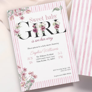 Sweet baby Girl floral letters watercolor stripes Invitation