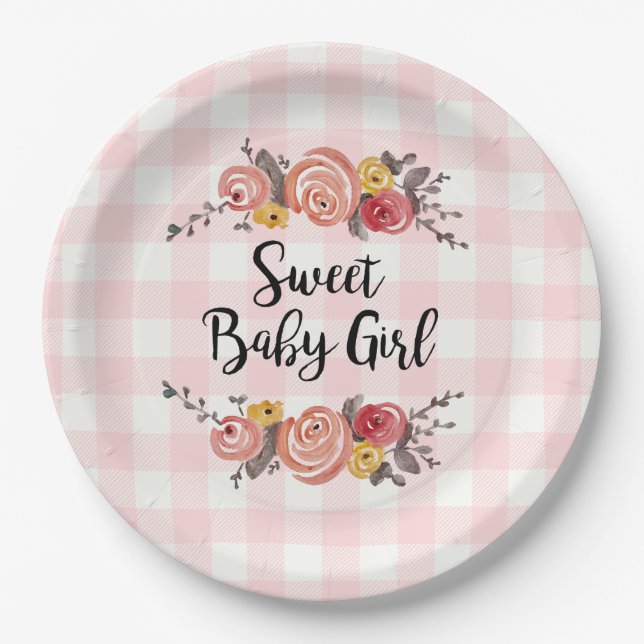Sweet Baby Girl Gingham Baby Shower Paper Plate (Front)