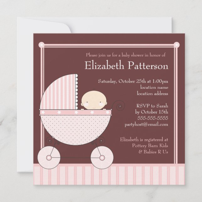 Sweet Baby Girl in Carriage Baby Shower in Pink Invitation (Front)