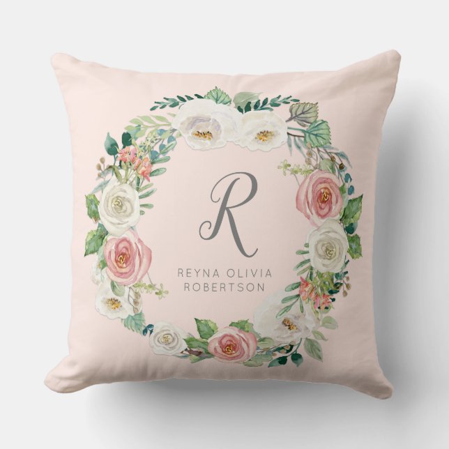 Sweet Baby Girl | Monogram Name Blush Floral Wreat Cushion (Front)