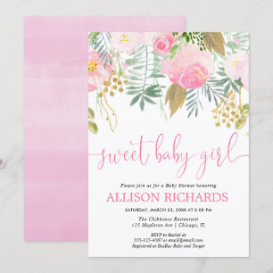 Sweet baby girl pink and gold florals baby shower invitation