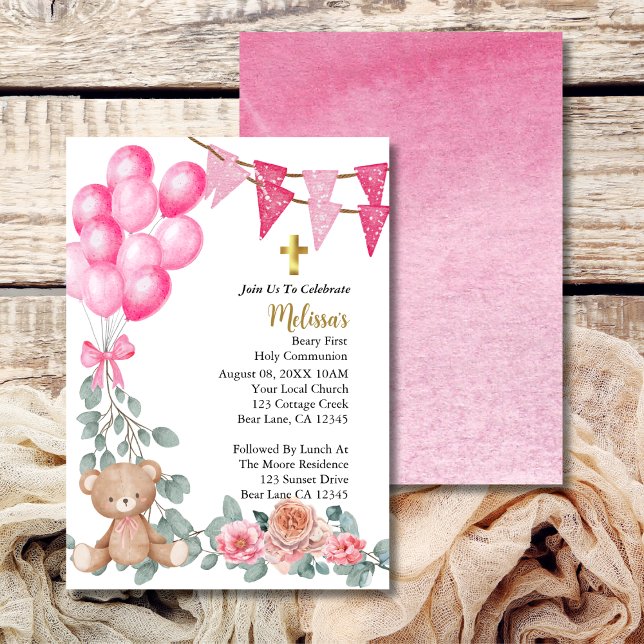 Sweet Baby Girl Pink Balloon First Holy Communion Invitation (Creator Uploaded)