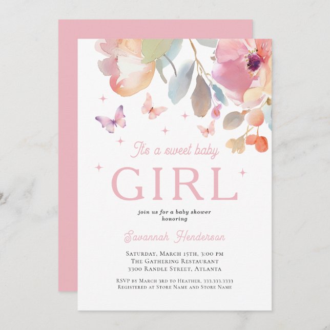 Sweet Baby Girl Pink Floral Baby Shower Invitation (Front/Back)