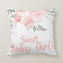 Sweet Baby Girl pink floral baby shower pillow.