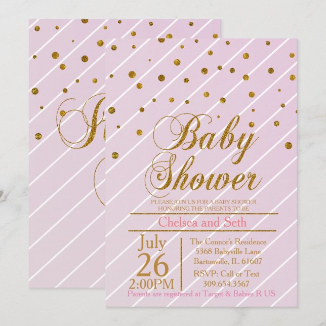 Sweet Baby Girl Pink & Gold Confetti | Baby Shower Invitation (Front/Back)