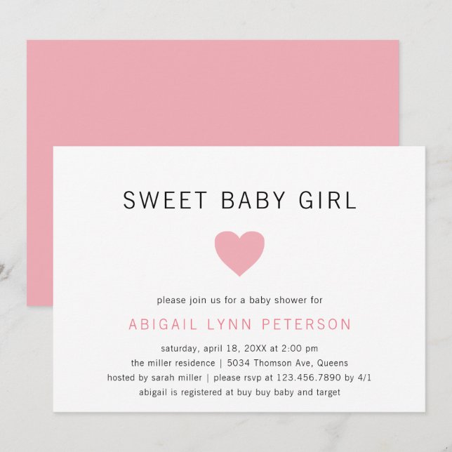 Sweet Baby Girl Pink Heart Cute Baby Shower Invitation (Front/Back)