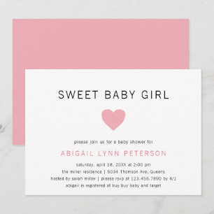 Sweet Baby Girl Pink Heart Cute Baby Shower Invitation