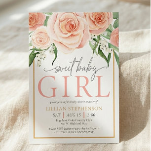 Sweet Baby Girl Pink Rose Floral Baby Shower Invitation
