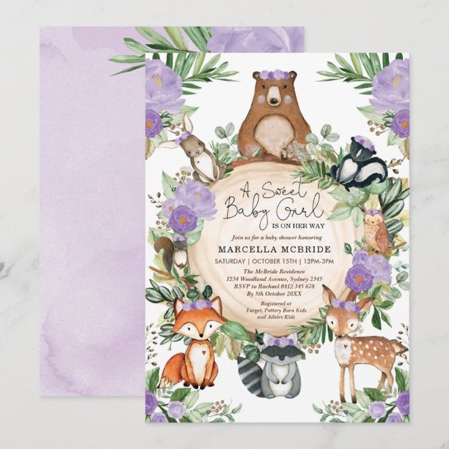 Sweet Baby Girl Purple Floral Woodland Shower Invitation (Front/Back)