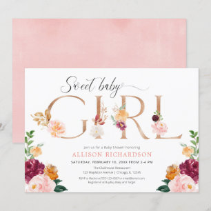 Sweet baby girl rose gold burgundy blush shower invitation