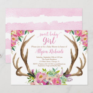 Sweet baby girl rustic boho antlers baby shower invitation