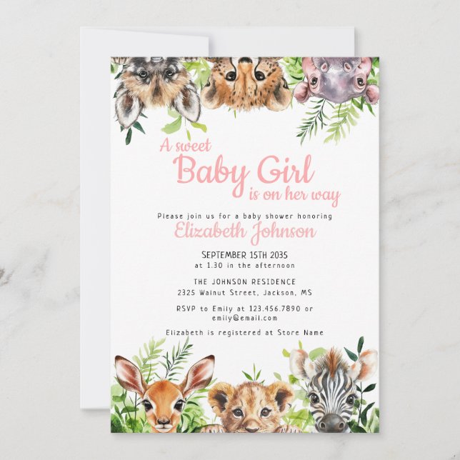Sweet Baby Girl Safari Animals Baby Shower Invitation (Front)