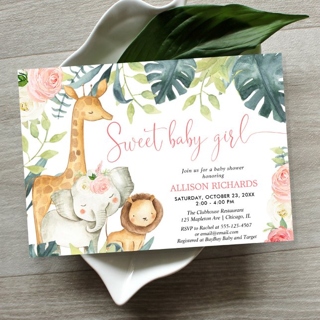 Sweet baby girl safari jungle animals baby shower invitation (Creator Uploaded)