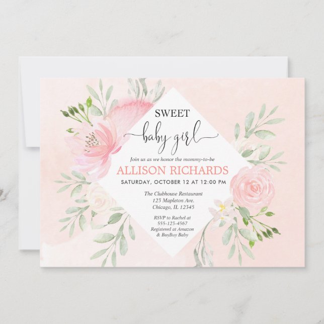 Sweet baby girl shower Floral blush pink greenery Invitation (Front)