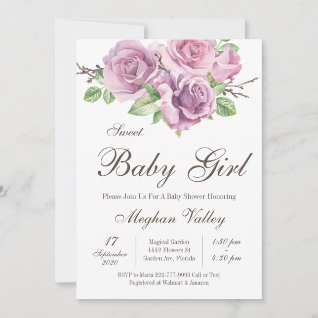 Sweet Baby Girl Shower Invitations, Purple Flowers Invitation (Front)